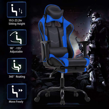 Blue Gaming Chair With Footrest And Lumbar Support For Desk