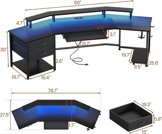 79 Inch Gaming Desk With LED Lights And Storage